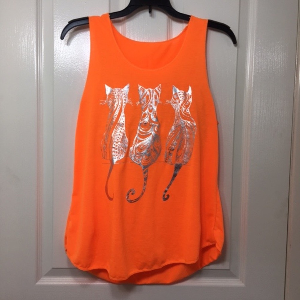 NWOT, Women Sleeveless Tank Top,100% Polyester, Orange, “3 x kitties” silkscreen